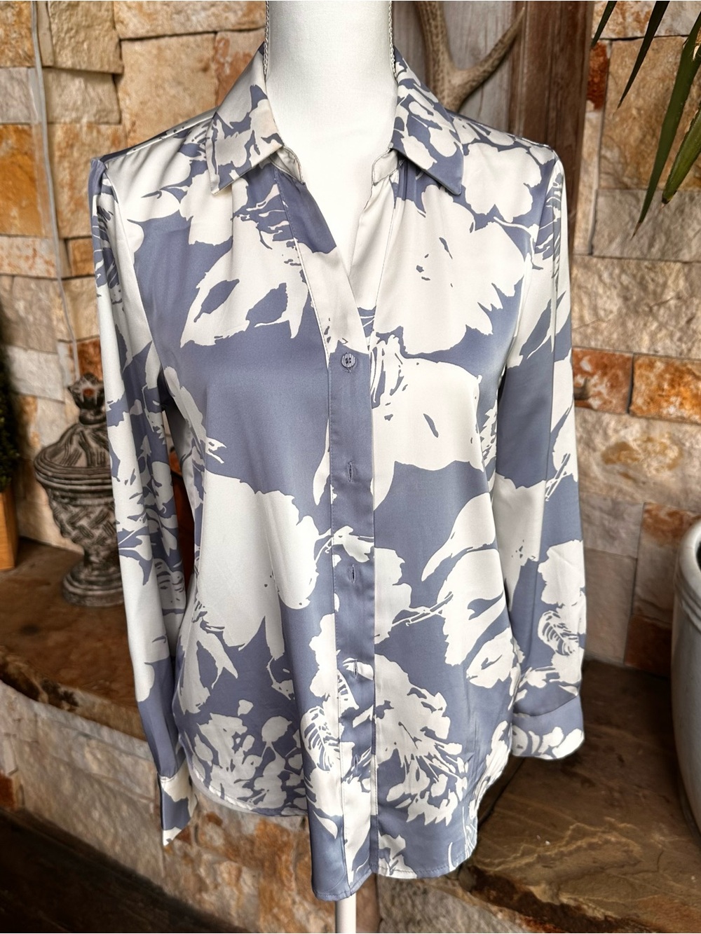 Women's Floral Button-Down Shirt in light blue and White